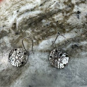 UP SCALE TIME - Silver Tone Black Enameled Sand Dollar Dangle Wire Earrings
